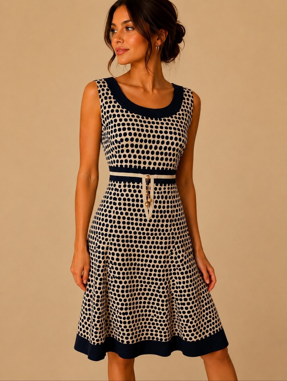 LINO USA Retro Navy & White Sleeveless Polka Dot Linen Blend Fit & Flare Dress